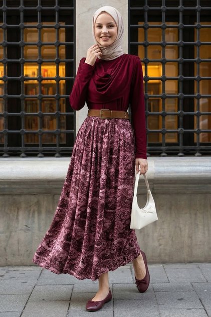 Belt Piece Sandy Claret Red Set with Draped Collar