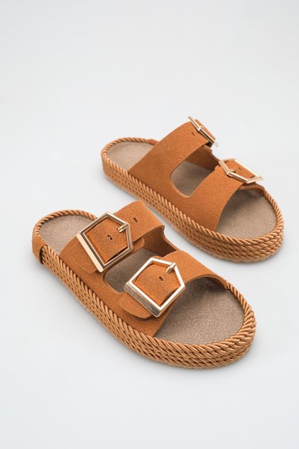 Women's Tan Matte Orthopedic Sole Double Buckle Straw Slipper