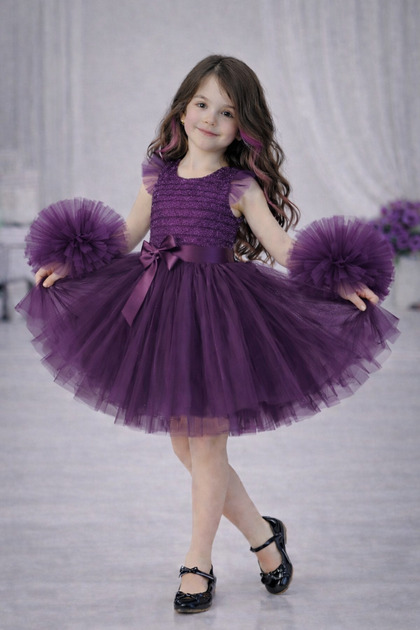 Tulle Piece Girls' Evening Dress with Sleeves, Party Dress with Pompoms, Silvery