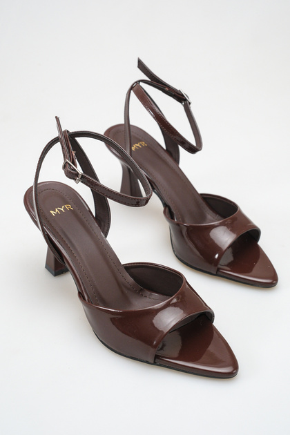 Women's Pointed Toe Ankle-Tie Heeled Shoes Bitter Brown Patent Leather