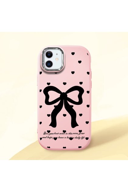 iPhone 12 Compatible Camera Protected Pink Soft Silicone Phone Case Bowknot Patterned