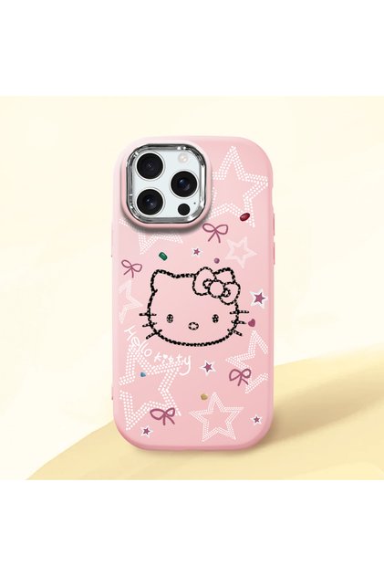 iPhone 16 Pro Max Compatible Hello Kitty Patterned Camera Protected Pink Soft Silicone Phone Case
