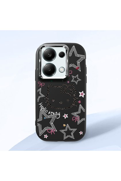 Redmi Note 13 Pro 4g Compatible Hello Kitty Patterned Camera Protected Black Soft Silicone Phone Case