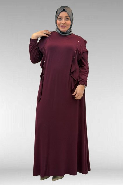 62003 Plus Size Off-The-Shoulder Ruffle Detail Combed Cotton Dress - Burgundy