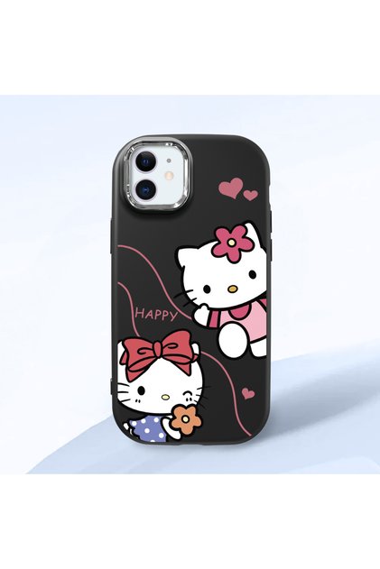 iPhone 12 Compatible Camera Protected Black Soft Silicone Phone Case Hello Kitty Patterned