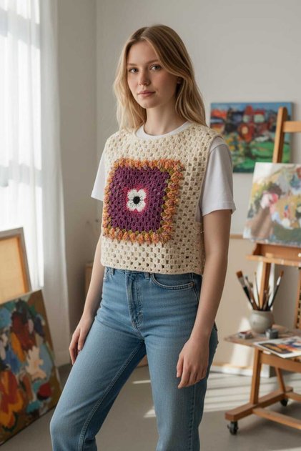Reversible Wearable Women's Sweater with Hand Knitted Motifs