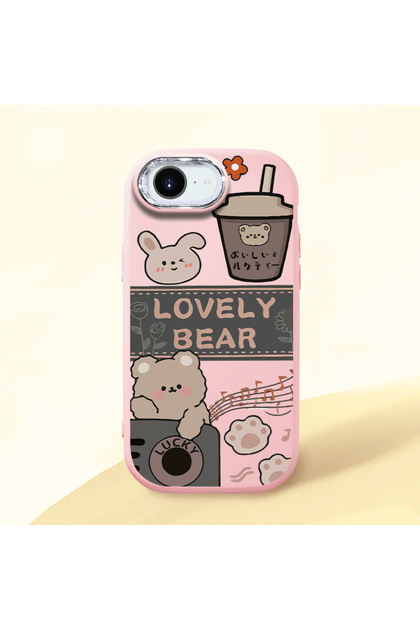 iPhone 17E Compatible Camera Protected Pink Soft Silicone Phone Case with Hello Bear Pattern