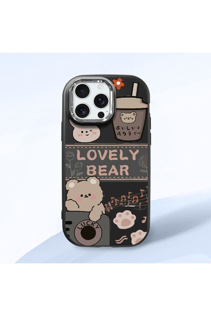iPhone 16 Pro Max Compatible Camera Protected Black Soft Silicone Phone Case Cute Bear Patterned