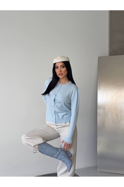 Lace Baby Blue Detailed Crew Neck Long Sleeve Premium Baby Blue Knitwear Cardigan