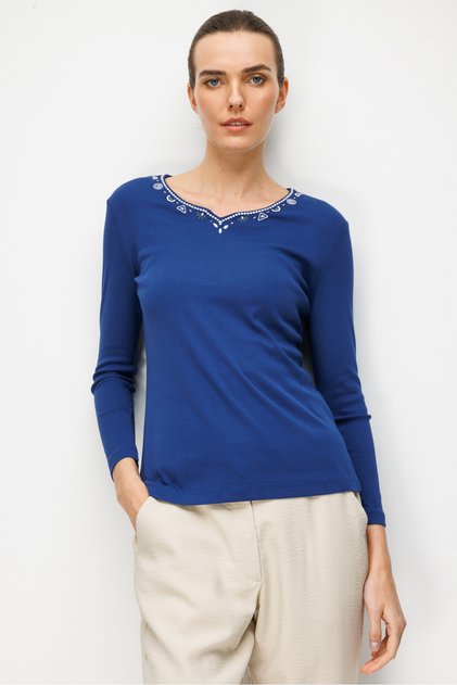 Women's Zero Collar Embroidered Collar and Sleeves P Cotton U Combed Cotton Blouse Navy Blue