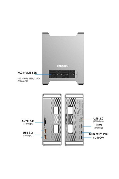 CODEGEN Mac Mini M4/M4 Pro 9 in 1 Type-C HDMI NVME SSD Alüminyum