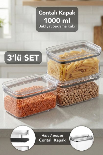 3-Piece Pure Rectangular Storage Container - Airtight Transparent Mica Flour and Grain Container with Seal 1000 ml