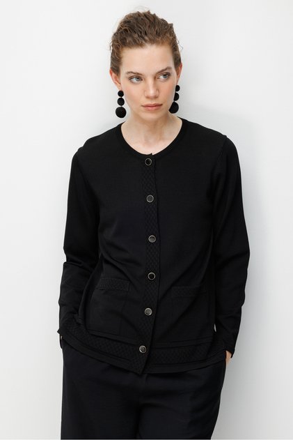 Women's Crew Neck Cardigan with Pocket and Diamond Pattern Fine Knit Black
