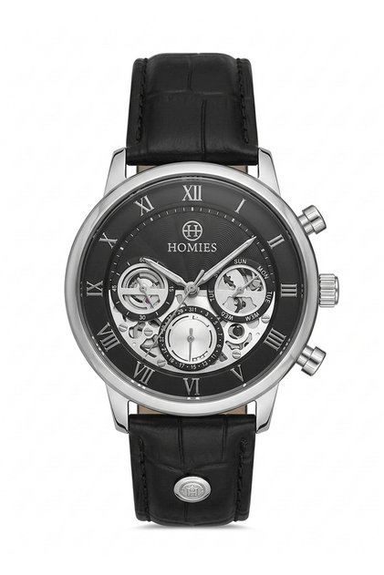 Men's Black Leather Cord Black Dial Multifunction Wristwatch 2-Year Warranty