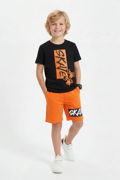 Round Neck Skate Print Detailed Summer Boys' Top and Bottom Set