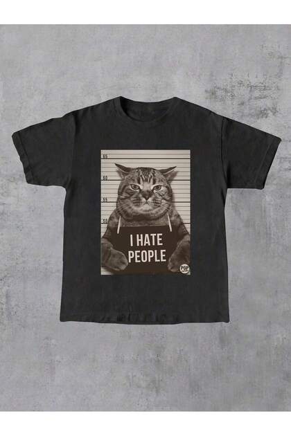Unisex I Hate People Cat Printed Oversized Comfortable Daily Use Combed Cotton T-Shirt