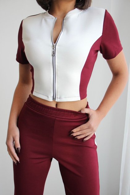 Women's Judge Collar Zipper Top and Bottom Set Paneled Cropped Modal