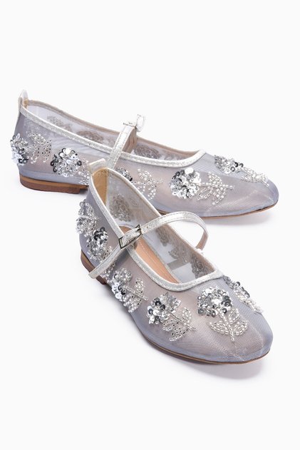 Women's Mesh Ballet Flats Beret Flower Embroidered Stone and Sequin Detailed Evening Dress Ballet Flats Galina Silver