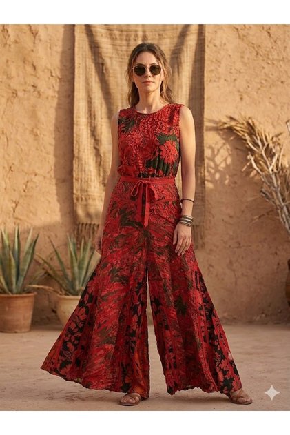 Women's Nepalese Ethnic Pattern Elastic Waist Pocketed Casual Wide Leg Pants Skirt