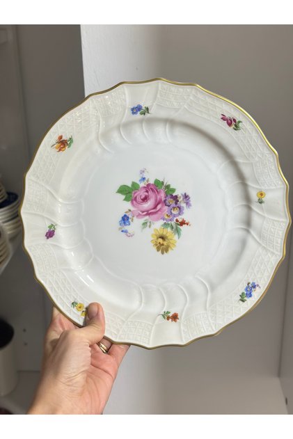 Antika ahutschenreuthe From Dresden Damgalı Renkli Çiçekli Porselen Güllü Gofreli Servis Tabağı 26cm