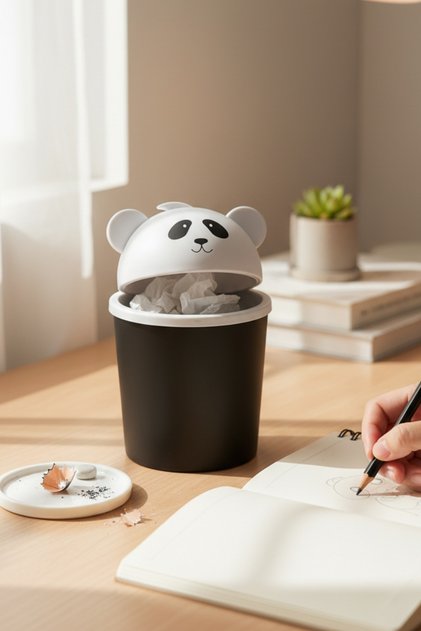 Panda Masaüstü Mini Çöp Kovası 2,5 Litre – Kapaklı Masa Üstü Çöp Kutusu Ofis ve Banyo İçin