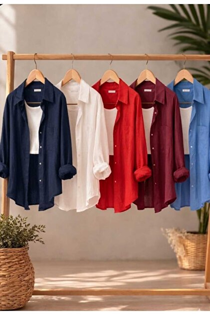 Women's 5-Pack Navy Blue White Red Burgundy Blue Cotton Pcs Oversized Cotton Pcs Linen Single Pocketed Casual Shirts