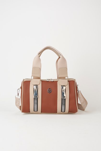 Women's Tan Mink Lily Cylinder Zipper Closure Column Strap Handbag and Shoulder Bag