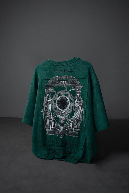 Men's Green İnveniam Patched Oversized Washed Effect T-Shirt