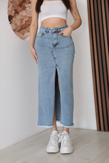 Women's High Waist Slit Long Denim Skirt Trend Denim Bnj-764