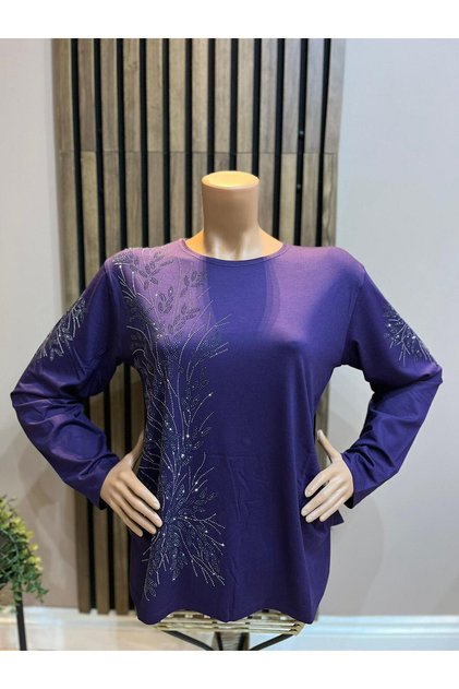Women's Combed Cotton Blouse for Middle Ages and Above with Viscose Sparkling Branches and Stones