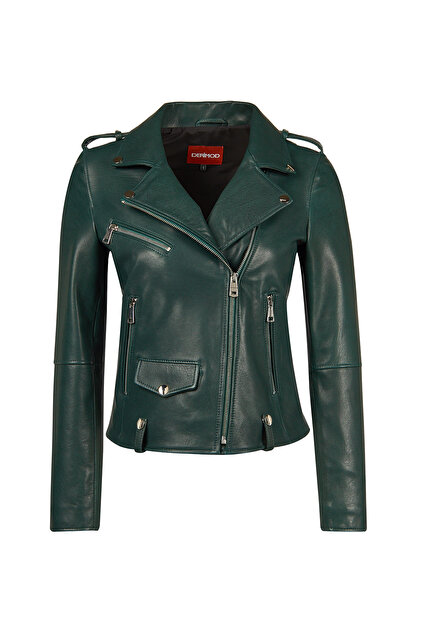 Derimod Egoist Women's Green Short Biker Leather Jacket
