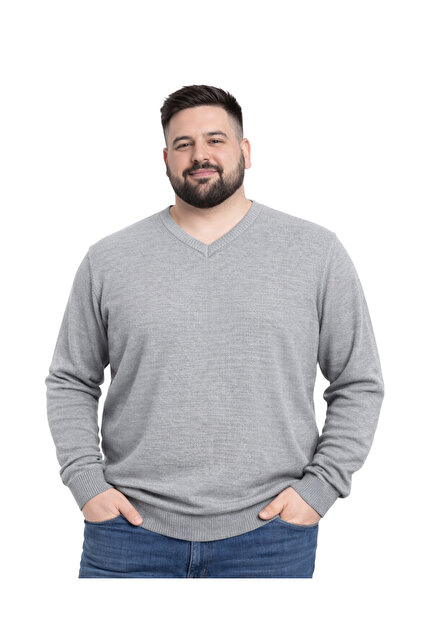 Men's Large Size Gray V-Neck Knit Sweater 3Xl-4Xl-5Xl-6Xl