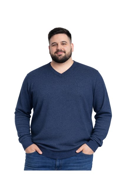 Men's Large Size Melange Navy Blue V-Neck Knitwear Sweater 3Xl-4Xl-5Xl-6Xl