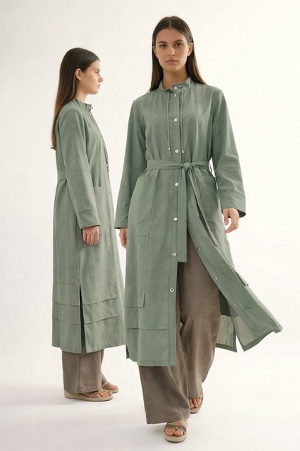 Lace-Up Collar, Front Snap Detail Safari Cap Jacket 811 Green