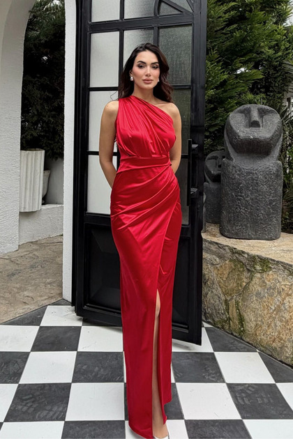 trendyol satin dress Sindimoda İnci One-Shoulder Satin Y Slit Evening Dress- Trendyol