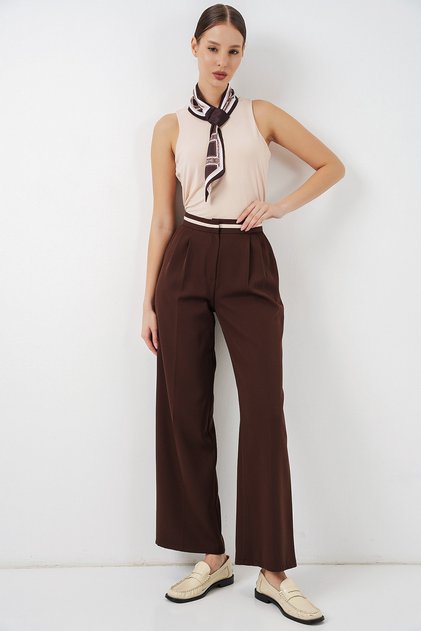 Women's Wide Leg Fabric Trousers 30088 - Brown