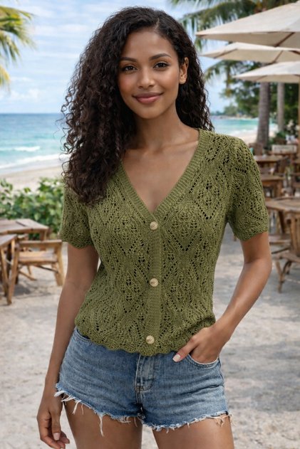 Women's V-Neck Short Sleeve Buttoned Lace-Like Knit Knit Relaxed Cut Khaki Knitwear Cardigan