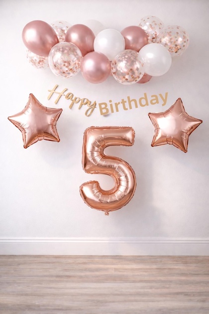 Rose Gold Concept 5Th Birthday Celebration Set; White Gold Confetti Balloon, Number Star Foil and B