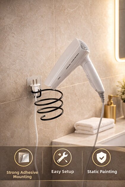 Adhesive Black Bathroom Blow Dryer Organizer | Stylish Design | Easy Assemble