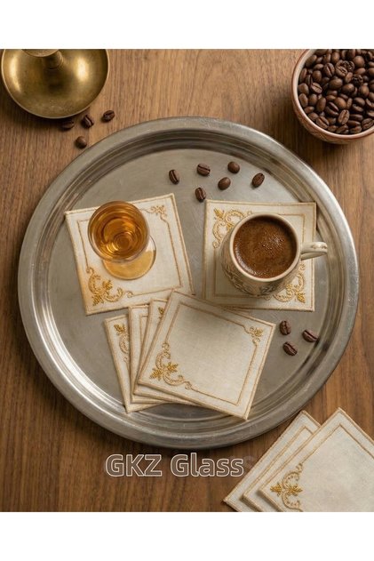 6 Linen Fabric Embroidered Coffee Side Cocktail Napkins & Coasters Serving Napkins