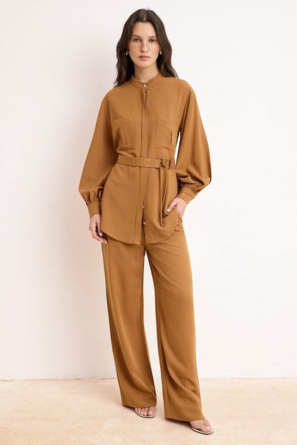 Camel Linen Mixed Woven Belt Detail Lower - Upper Set Tctss26Us00035