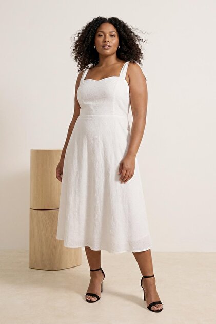 Trendyol Curve White Embroidered Midi Thick Strap Woven Plus Size Dress  Tbbss26Ah00067- Trendyol