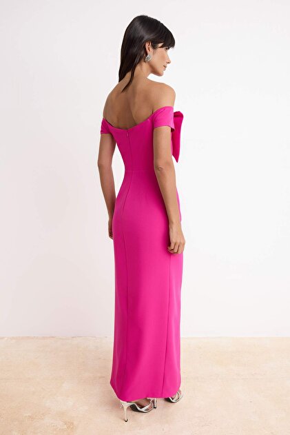 fuchsia graduation dress Zapaka Women Dark Fuchsia Plus Size Prom Dress A Line Deep V Neck Formal Dress with Long Sleeves, Dark Fuchsia / US26W main image 0