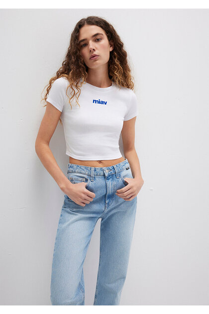 Mavi Miav Baskılı Beyaz Crop Tişört Crop / Kısa Kesim 1612453-620