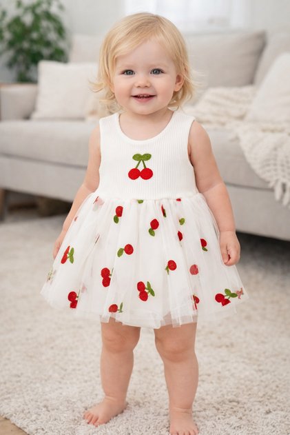 Cherry Detailed Tulle Dress with Snap Fasteners (100% Cotton)