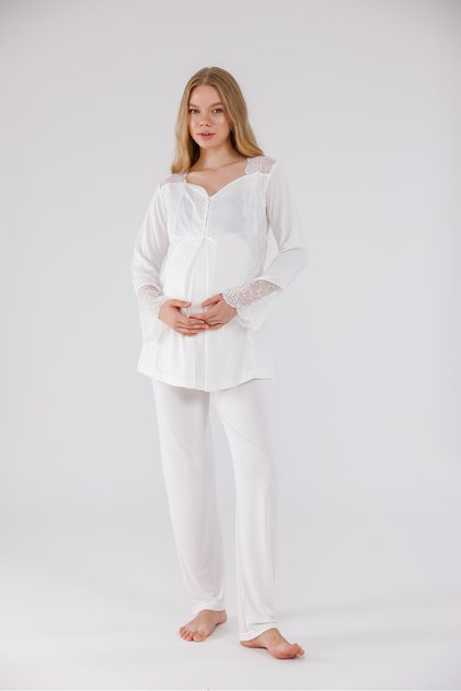 Ecru Special Lace Design Cotton Maternity Pajama Set
