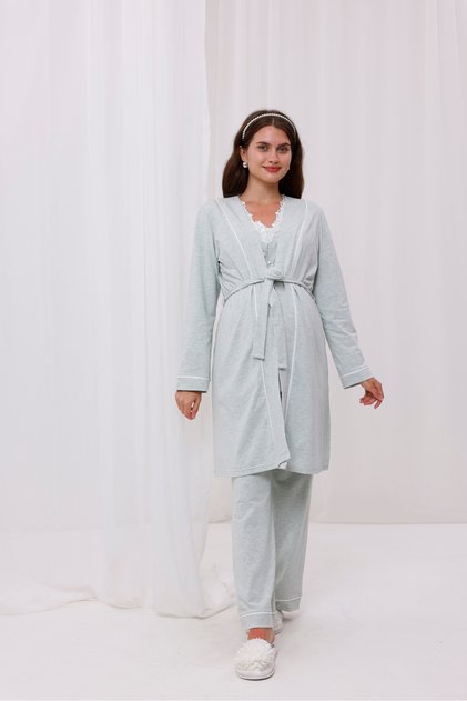 Water Green Melange Lace Collar Maternity Maternity Pajamas Set of 3