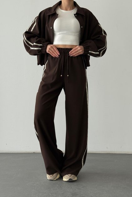 High Waist Trousers with Stripe Lettering Detail Brown