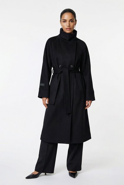 Black Comfortable Fit Long Coat with Belt Cuffs and Tie Detail at the Neck