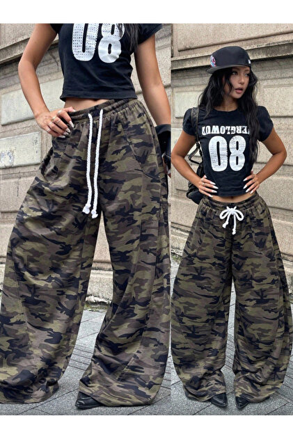 Brown Camouflage Detailed Baggy Sweatpants